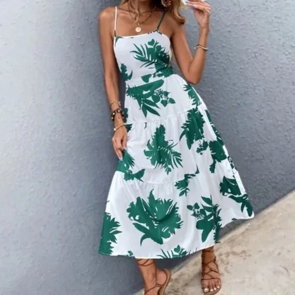 Boho Green Floral Tropical Leaves Cut out Cami Ruffle Dress - Picture 5 of 11